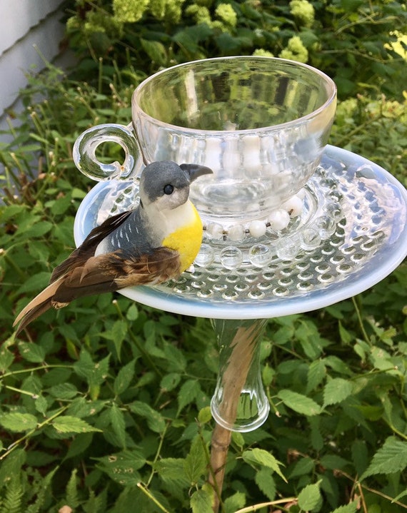 Glass Tea Cup Bird Feeder Garden Stake Dish Bird Feeder Etsy