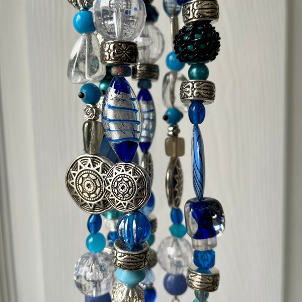Blue Silver Wind Chimes, Bead Mobile, Hanging Beads, Garden Decoration, Found Object Art, Upcycled Jewelry, Tree Bling, Outdoor Sun Catcher