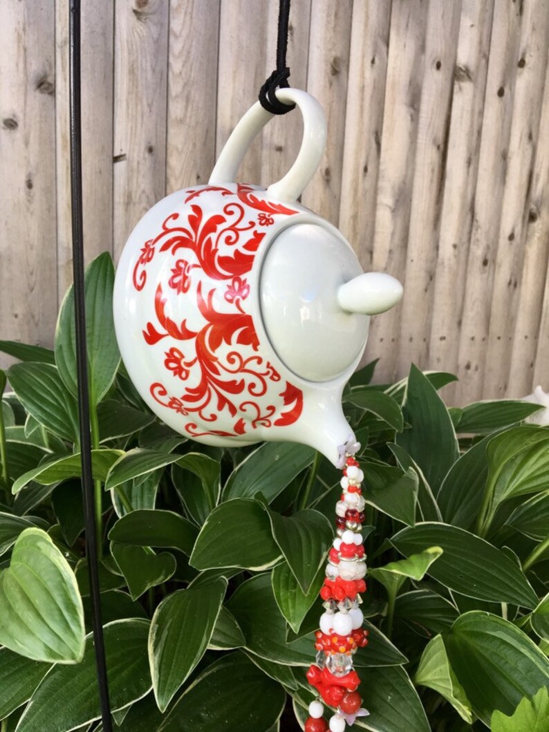 Red White Tea Pot Mobile Kitchen Decor Hanging Garden Art Etsy
