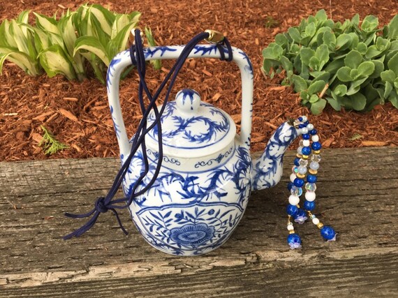 Blue White Tea Pot Mobile Kitchen Decor English Tea Party Etsy