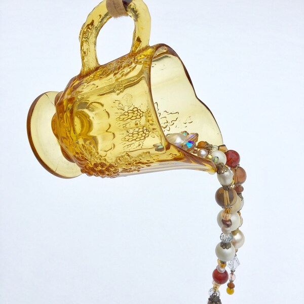 Repurposed Pitcher Mobile, Upcycled Vintage Glass Creamer, Sun Catcher, Recycled Jewelry Art, Window Decor, Hanging Garden Art, Amber Glass