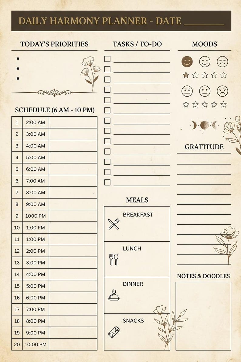 Minimalist Daily Planner PDF, Hourly Schedule, Mood &amp; Meal Tracker (digital Download) - Etsy