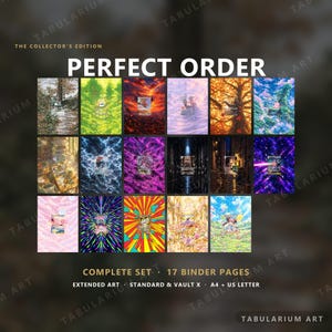 Puede incluir: Un conjunto de 17 páginas para archivador titulado PERFECT ORDER THE COLLECTOR'S EDITION. La colección incluye impresiones de arte extendido con temas diversos como bosques, rayos, espacio y patrones abstractos para carpetas A4 y US letter.