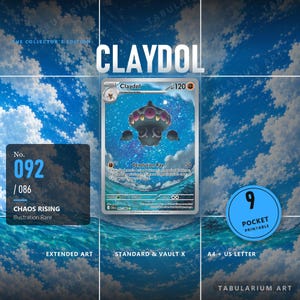 Puede incluir: Una carta coleccionable de Claydol con una criatura oscura de múltiples ojos sobre un fondo de cielo estrellado y océano. La carta muestra el texto Claydol, 120 HP, Devolution Ray, 092/086 y Chaos Rising. Incluye la etiqueta 9 pocket printable.