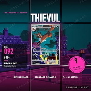 Könnte beinhalten: Eine Thievul-Sammelkarte mit einer dunklen, stilisierten Illustration der Kreatur, die nachts über Dächer springt. Die Karte zeigt den Text Thievul, Skill Thief und Sharp Fang sowie ein rosa kreisförmiges Abzeichen mit der Aufschrift 9 pocket printable.