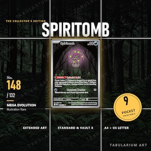 Op de afbeelding: Een Spiritomb ruilkaart met een paars en groen wezen in een donkere bosrijke omgeving. De kaart toont de tekst Spiritomb, Spiteful Swirl en Mountain Breaker. De afbeelding bevat het nummer 148/132, Mega Evolution en Illustration Rare, met een gele 9 pocket printable badge.