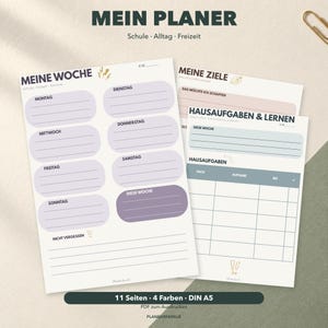 Könnte beinhalten: Ein druckbares Planer-Set bestehend aus zwei Blättern mit deutschem Text. Ein Blatt mit der Überschrift MEINE WOCHE enthält Tagesabschnitte in Helllila. Das zweite Blatt mit MEINE ZIELE und HAUSAUFGABEN & LERNEN bietet blaue und rosafarbene Bereiche.