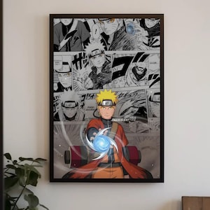 Könnte beinhalten: Ein gerahmter Kunstdruck mit einer Collage aus schwarz-weißen Manga-Panels, die eine Figur mit stacheligen Haaren und einem Stirnband zeigt. Im Vordergrund ist eine farbige Illustration der Figur in orangefarbener Kleidung mit einer blauen Kugel.