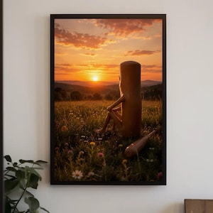 Op de afbeelding: Een ingelijste wandkunstprint met een cilindervormig bruin figuur dat in een grasveld vol wilde bloemen zit. De scène speelt zich af tijdens een levendige oranje en gele zonsondergang boven verre heuvels, met een houten knuppel.