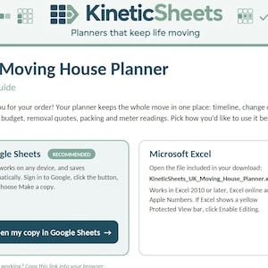 Könnte beinhalten: Ein digitaler UK Moving House Planner von KineticSheets mit einer Startanleitung für Google Sheets und Microsoft Excel. Die Benutzeroberfläche enthält eine Schaltfläche zum Öffnen einer Kopie in Google Sheets sowie Dateidetails für Excel.