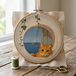 Può includere: Un telaio da ricamo circolare in legno contenente un progetto a punto croce su tessuto beige. Il disegno raffigura un gatto arancione che guarda fuori da una finestra rotonda verso un mare blu, con edera verde che pende dalla cornice.