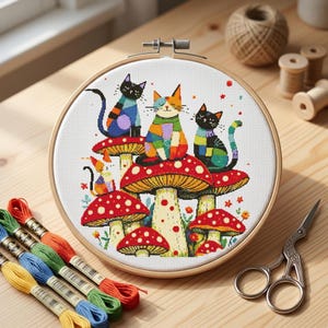 Cats on Mushrooms Cross Stitch Pattern PDF,Cute Colorful Patchwork Cat Embroidery Chart,Whimsical Mushroom Decor Crossstitch,Instant Downloa