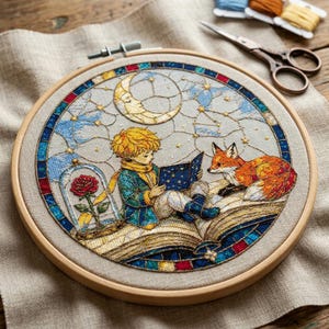 May include: A circular embroidery hoop containing a detailed needlepoint design of a young person with blonde hair reading a book next to a fox and a red rose inside a glass dome, set against a background of a crescent moon and starry sky.