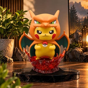 Puede incluir: Una figura amarilla de Pikachu con una capa naranja con capucha de Charizard y alas forradas en verde. El personaje sostiene una pequeña Poké Ball roja y blanca, sobre una base de llamas rojas translúcidas en un pedestal negro circular.