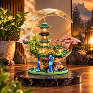 May include: A multi-tiered pagoda building set constructed from plastic bricks, featuring a crescent moon frame, illuminated windows, a blue waterfall, pink cherry blossom trees, and a small boat, all mounted on a circular black marble base.