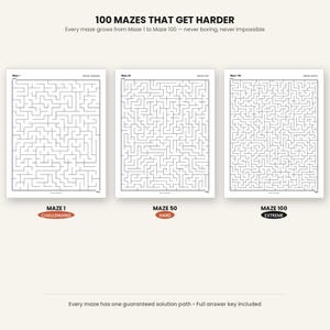 May include: A collection of 100 mazes titled 100 MAZES THAT GET HARDER. The image displays three sample pages labelled Maze 1, Maze 50, and Maze 100, showing increasing complexity from challenging to hard and extreme difficulty levels.