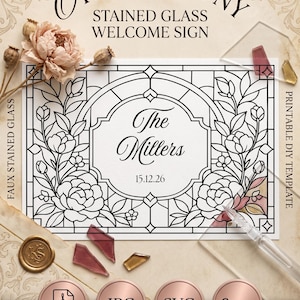 Stained Glass Wedding Sign Template, DIY Faux Stained Glass Welcome Sign, Peony Floral Pattern, Printable Acrylic Tracing Canva Template