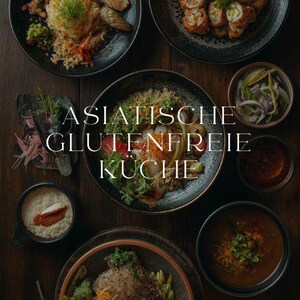 Puede incluir: Una portada de libro de cocina titulada ASIATISCHE GLUTENFREIE KÜCHE de Benjamin Wabnitz, que muestra varios platos asiáticos en cuencos de cerámica oscura, incluyendo sushi, arroz, fideos y sopas sobre una superficie de madera oscura.