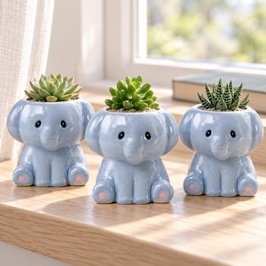 May include: Three light blue ceramic planters shaped like sitting elephants, each featuring a glossy finish, small pink accents on the feet, and black painted eyes. Each planter holds a different small green succulent plant with distinct leaf shapes.