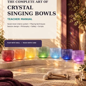 Może przedstawiać: Podręcznik zatytułowany Yoga Teacher Vault The Complete Art of Crystal Singing Bowls z tekstem o siedmiu misach czakralnych. Siedem podświetlanych kryształowych mis dźwiękowych w kolorach czerwonym, pomarańczowym, żółtym, zielonym, jasnoniebieskim, granatowym i fioletowym.