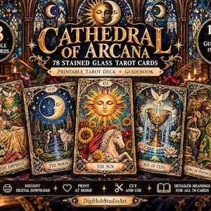 Può includere: Un set di 78 carte dei tarocchi stampabili intitolato Cathedral of Arcana, con illustrazioni in stile vetrata. Il mazzo include una guida di oltre 100 pagine. Le carte mostrate sono The Empress, The Moon, The Sun, Ace of Cups e King of Pentacles.