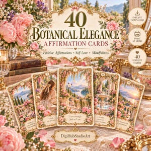 May include: A set of 40 Botanical Elegance affirmation cards featuring floral borders and landscape illustrations. The cards display text including I am enough just as I am, I trust my journey, I choose peace in every moment, and I attract good things.