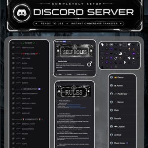 Peut inclure: Un affichage numérique d'un modèle de serveur Discord entièrement configuré. L'interface présente un thème sombre avec des catégories de canaux organisées, notamment vérification, bienvenue, informations et communauté, avec des panneaux de rôles.