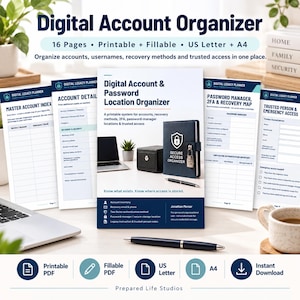 Digital Account Organizer Fillable Printable PDF Password Location Login Recovery Planner