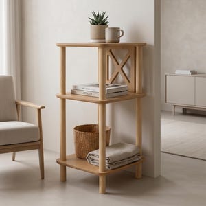 May include: A light-toned wooden three-tier shelving unit with rounded corner posts and an X-shaped side support. The top shelf holds a potted succulent and a ceramic mug, the middle shelf holds two books, and the bottom shelf holds a woven basket.