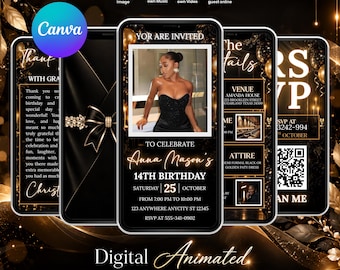 Op de afbeelding: Een digitaal geanimeerd uitnodigingssjabloon voor een verjaardagsdiner met een zwart en goud thema. De mobiele telefoonschermen tonen evenementdetails, waaronder een fotoplaatshouder, locatie, datum, tijd en een QR-code voor RSVP.