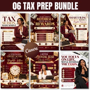 May include: A digital bundle of six tax preparation marketing flyers featuring deep red and gold color schemes. Each flyer includes professional imagery, business service lists, and text such as Tax Season Made Simple, Smart Filing, and You Focus On Life.