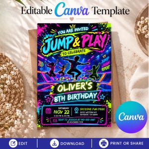 Op de afbeelding: Een neonkleurige verjaardagsuitnodigingssjabloon met silhouetten van kinderen die op trampolines springen. De tekst luidt Jump & Play, Oliver's 8th Birthday, Saturday Nov 22, 3:00 PM-6:00 PM, Skyzone Fun Park, 8650 Western Ave, Riverside, CA 92504.