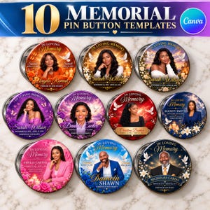 May include: A set of ten circular memorial pin button templates featuring portraits of individuals, the text In Loving Memory, names, and dates. Each design includes decorative elements like flowers, doves, candles, and celestial backgrounds.
