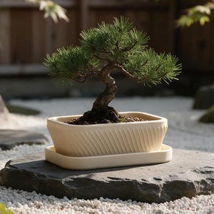 Könnte beinhalten: Ein kleiner immergrüner Bonsai mit dunkelgrünen Nadeln und einem geschwungenen Stamm, gepflanzt in einem rechteckigen, cremefarbenen Keramiktopf mit diagonal gerippter Textur und einer passenden flachen Untertasse als Basis.