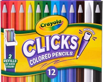 May include: A box of 12 Crayola Clicks mechanical colored pencils and 24 refills. The packaging features the brand name, the text 12 Mechanical Colored Pencils, 24 Refills, and displays a variety of colored pencil tips in red, orange, yellow, green, blue, purple, brown, white, and black.