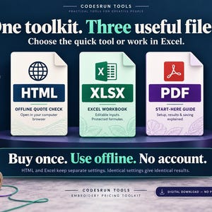 May include: A digital toolkit for embroidery pricing featuring three file icons labeled HTML, XLSX, and PDF. The text reads One toolkit. Three useful files. Buy once. Use offline. No account. Includes spools of purple and green thread as accents.