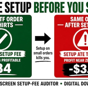 May include: A digital download graphic titled CHARGE SETUP BEFORE YOU SAY YES. It shows a green box for 12 shirts without a setup fee totaling $84, and a red box showing setup time causing a loss of -$3.17. Text reads DTF / SCREEN SETUP-FEE AUDITOR.