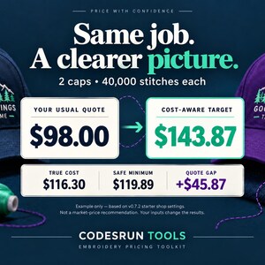 May include: A navy blue cap and a purple cap, each featuring an embroidered mountain and forest design with the text GOOD THINGS TAKE TIME. The image displays a pricing comparison chart with text including Same job. A clearer picture. 2 caps 40,000 stitches each, and CODESRUN TOOLS EMBROIDERY PRICING TOOLKIT.