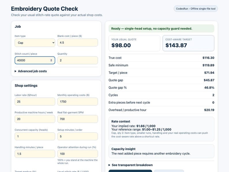 May include: A digital interface titled Embroidery Quote Check displaying input fields for job details and shop settings, alongside a results panel showing cost calculations, target figures, and capacity insights for an embroidery business operation.