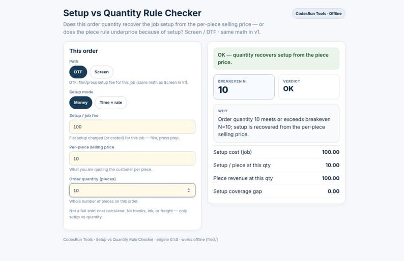 May include: A digital interface titled Setup vs Quantity Rule Checker displaying input fields for DTF or Screen printing jobs. It includes fields for setup fee, per-piece selling price, and order quantity, with a results panel showing a breakeven of 10.