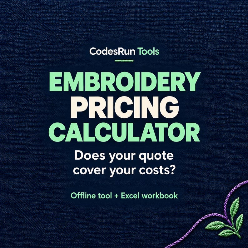 May include: A digital graphic for a CodesRun Tools Embroidery Pricing Calculator on a dark blue textured background. The text reads: Embroidery Pricing Calculator, Does your quote cover your costs?, and Offline tool + Excel workbook.