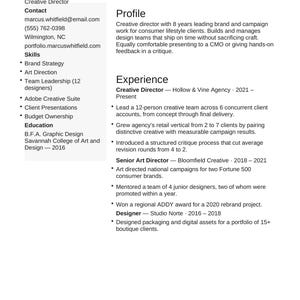 May include: A professional resume for Marcus Whitfield, a Creative Director. The document lists contact information, skills including brand strategy and art direction, education from Savannah College of Art and Design, and professional experience.