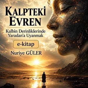 Puede incluir: Una portada de libro titulada Kalpteki Evren de Nuriye Güler, que presenta un gran rostro de piedra agrietado que brilla con luz dorada interna sobre una figura solitaria en un vasto paisaje soleado con montañas y un cielo nublado.