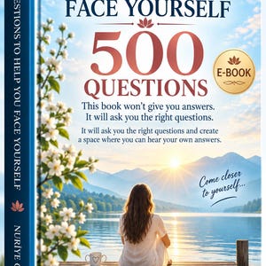 May include: A book titled 500 Questions to Help You Face Yourself by Nuriye Güler. The cover features a person sitting on a wooden dock by a lake at sunrise, with white flowers on the left. It includes the text: This book won't give you answers.
