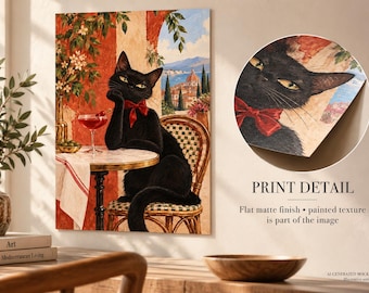 Póster artístico de Black Cat Cocktail, decoración de pared con un toque original de café mediterráneo.