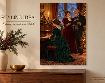 Viktorianisches Weihnachtsmusikzimmer-Poster, Wandbild mit Klaviermusik, Weihnachtsdekoration