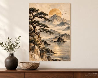 Póster de arte de paisaje de montaña Japandi, arte de pared Wabi Sabi neutro, decoración de naturaleza zen