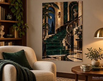 Art Deco Staircase Fine Art Poster, Emerald Green Interior Wall Art, Luxury Decor