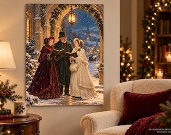Viktorianische Weihnachtssänger – Kunstdruck, verschneites Dorf – Weihnachtsmotiv