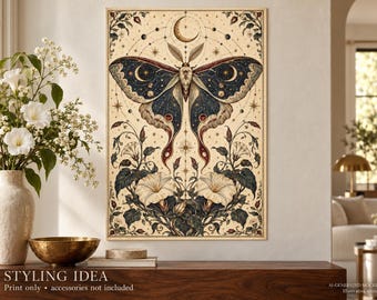 Luna Moth Fine Art Poster, Celestial Moon Phase Wall Art, Dark Academia Botanical Decor
